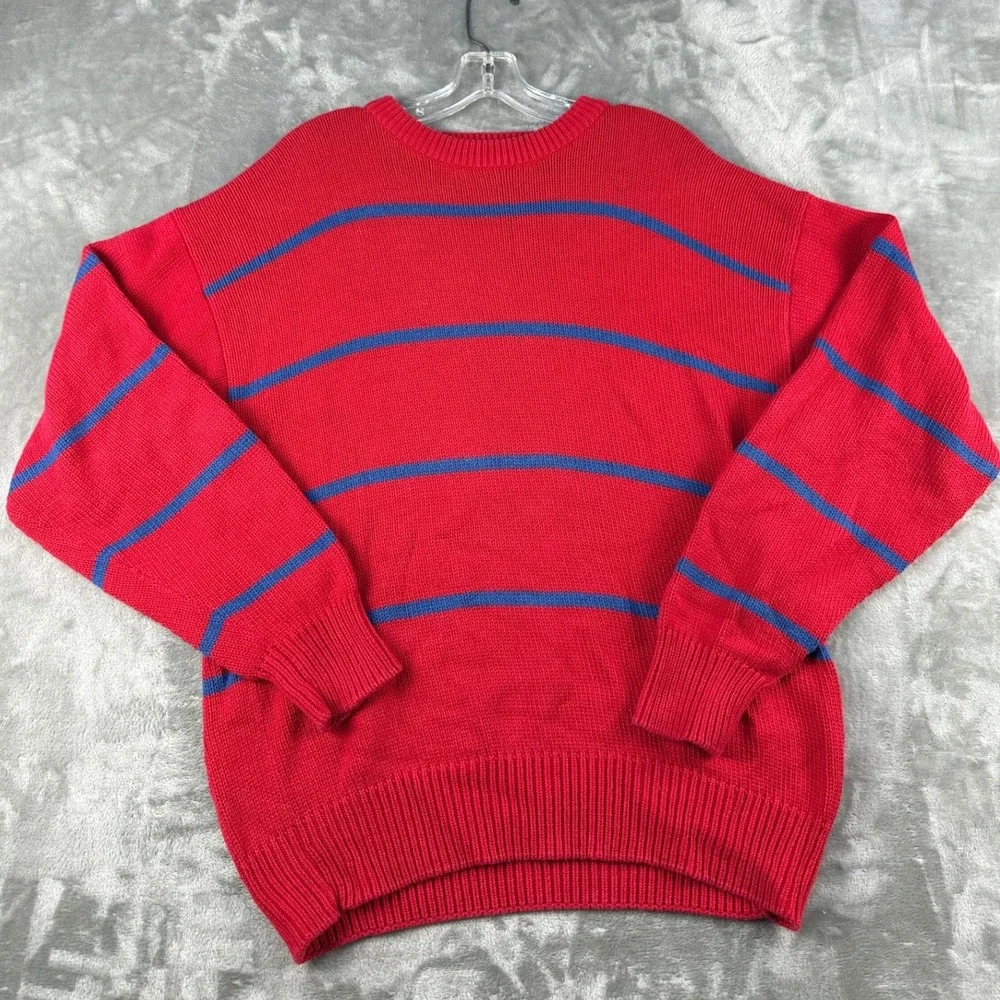 Eddie Bauer Sweater Mens L Striped Red Blue Cotton Shaker Knit EUC